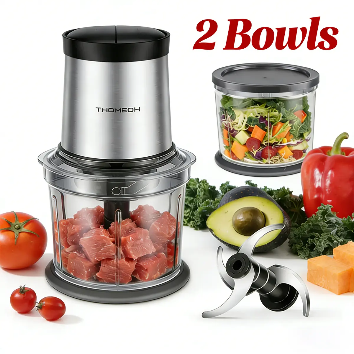 Food Processor 4 Cup, Electric Food Chopper, Meat Grinder with 2 Bowls, 2 Speed & 4 Blades for Vegetable, Meat, Nuts, Onion, Vegetable Cutter