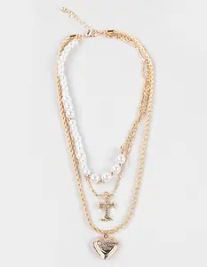 FULL TILT  Womens Layered Cross/Pearl Heart Necklace, Gold