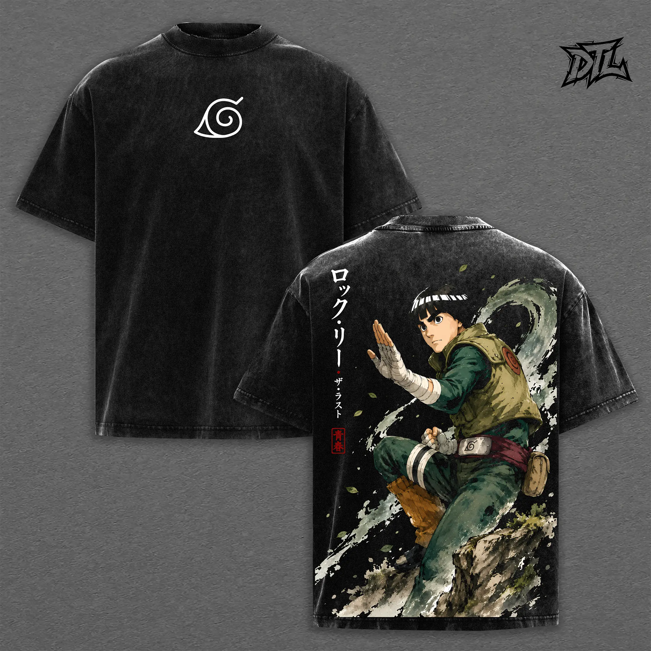 Naruto Rock Lee Black Wash T-Shirt | Oversized Heavyweight Anime Tee Hidden Leaf Symbol Graphic Print Japanese Kanji Font The Last Movie Vintage Goth Grunge Streetwear Top Unisex