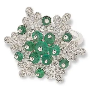 Colleen Lopez Sterling Silver Emerald Bead and Diamond Floral Ring