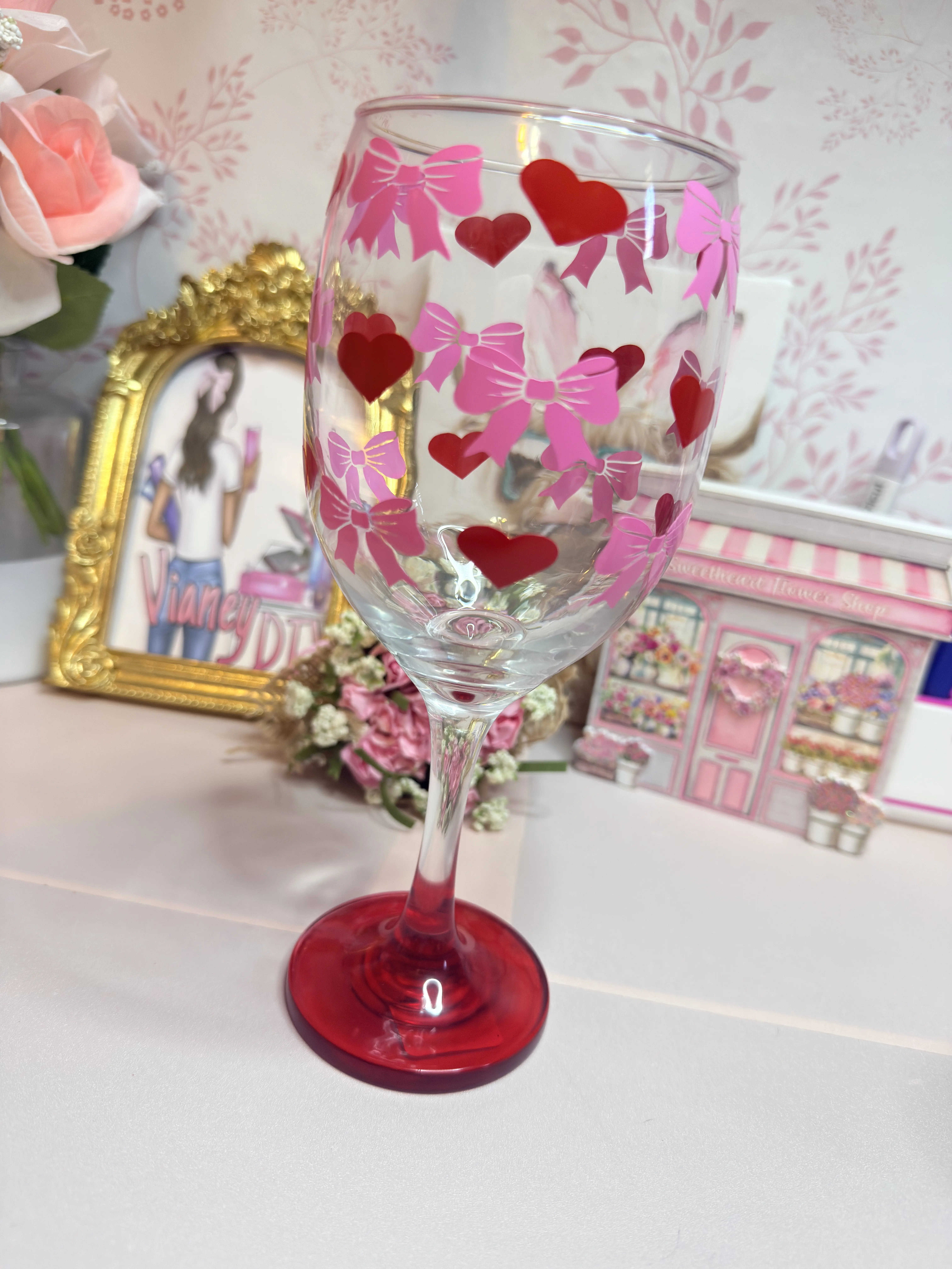 Pink Bow & Hearts Wine glass Cute Valentine Gift