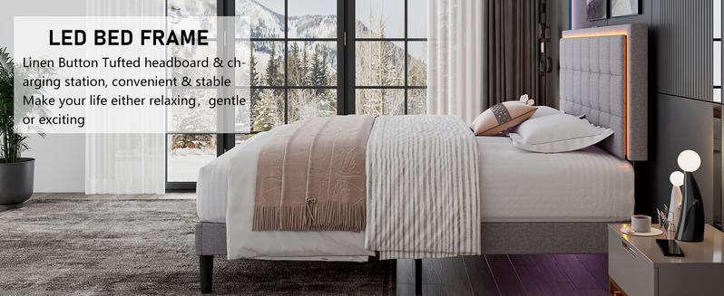 AMERLIFE Modern Bed Frame with RGB LED Lights and Linen Upholstered Headboard, Button Tufted Platform Bed Frame with USB Charging Station, Only Bed Frame/Affordable Luxury Bed Frames/Full/Queen/King Size/Best Gift Ideas/Christmas Gifts