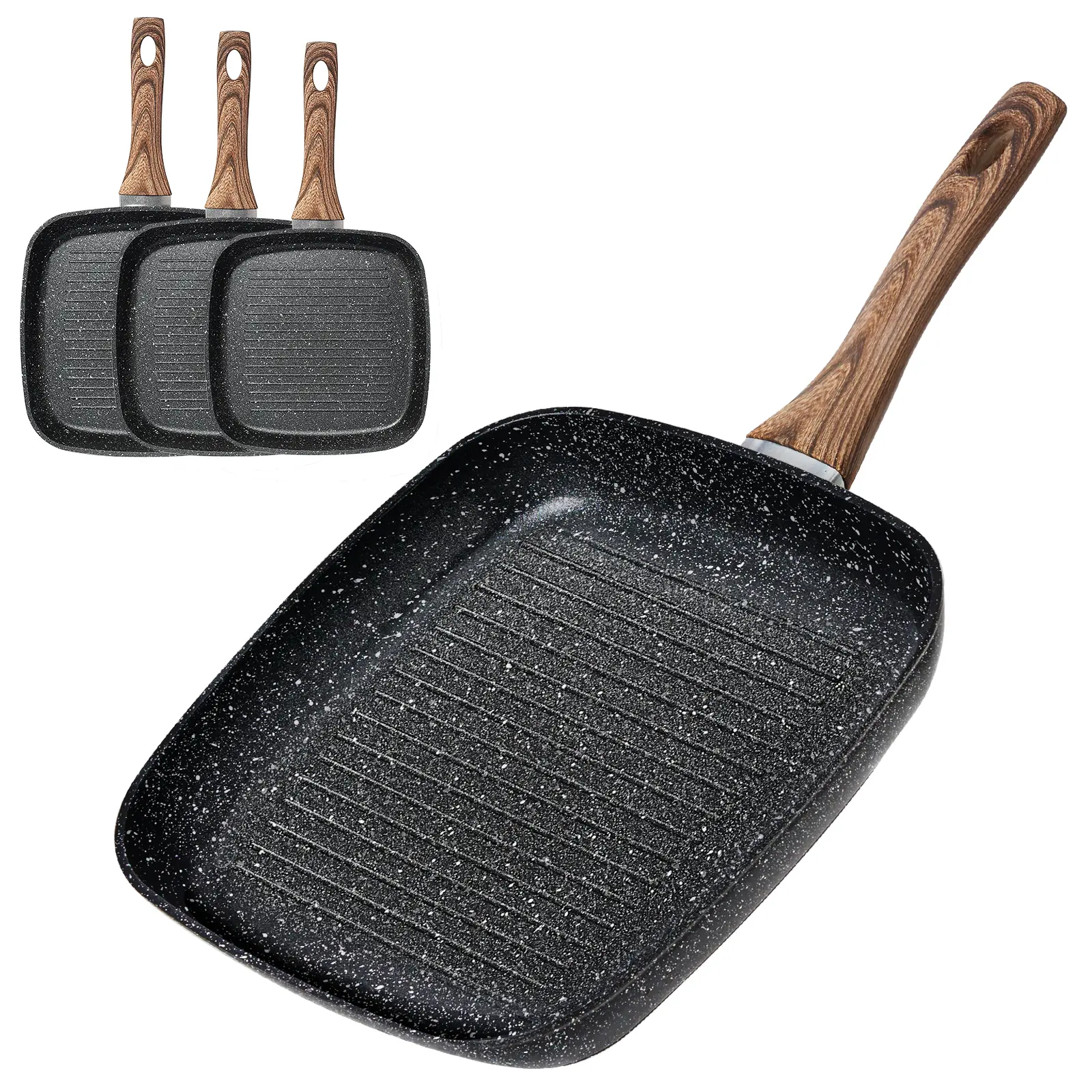 3-Piece Nonstick Grooved Aluminum Square Grill Pan Pots and Pans Set, PFOA-Free Easy-Clean Skillets with Stay-Cool Handles, Compatible with All Stovetops for Indoor & Outdoor RV Camping, Camping Cooking
