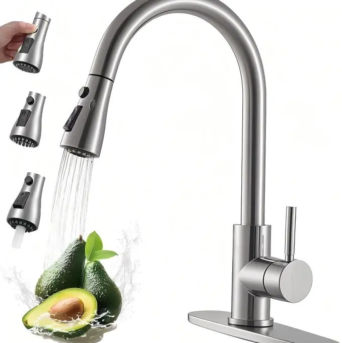Kitchen Faucets(1 or 3 Hole) with Pull Down Sprayer, Brushed Nickel, High Arc Single Handle Classic Stainless Steel Sink Faucet Suitable for Farmhouse Camper Laundry Rv Bar