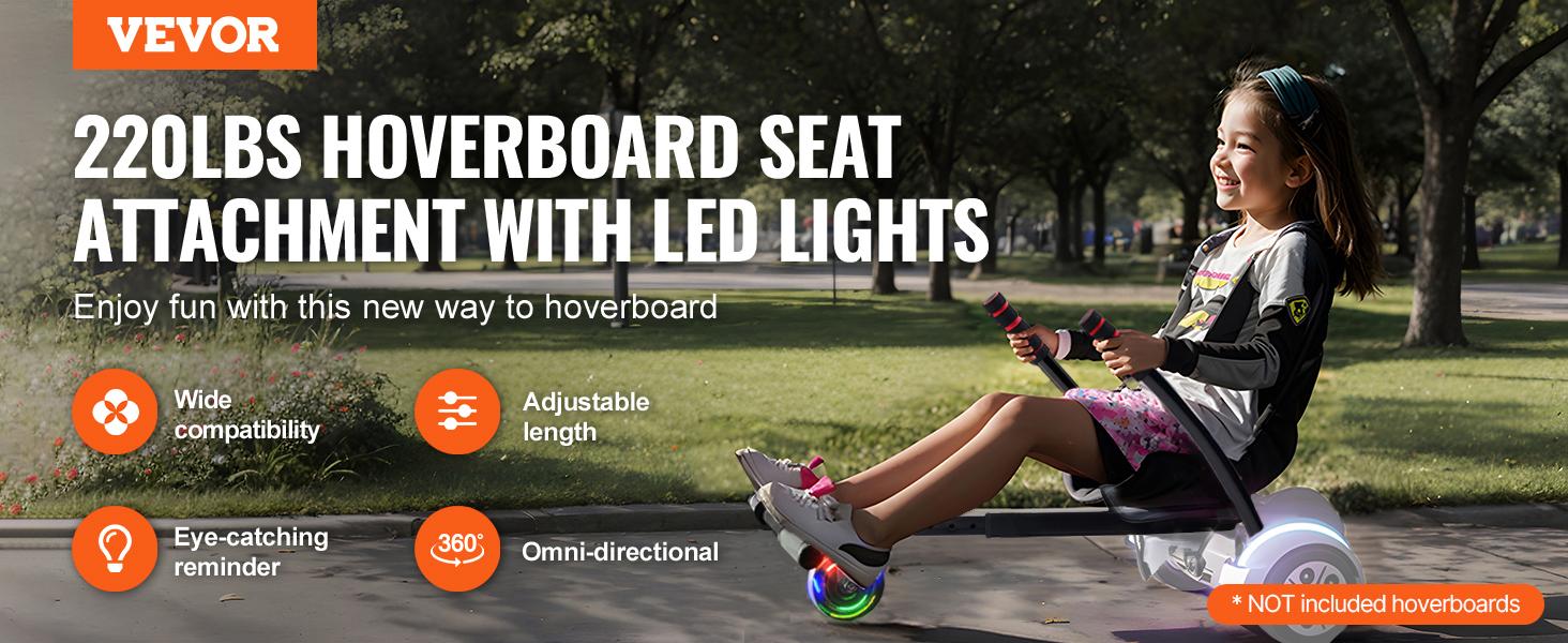 VEVOR Not with wheels Hoverboard Seat Attachment,  Compatible with All 6.5" 8" 8.5" 10" Hoverboards, Grips Control, Adjustable Frame Length and 220 LBS Load Capacity, Hover Board Go Karts Accessory, for Kids Adults