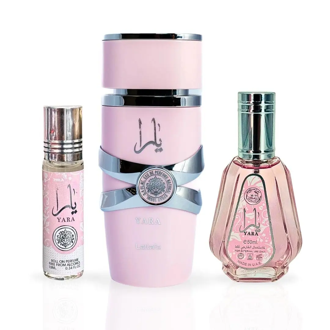 Yara 3 Piece 100 ml 50 ml 10 ml Rollon Fragrance Gift Set for Women, Long-Lasting EDP Spray with Sweet Vanilla and Tropical Fruit Notes, Edp Fragrance Variety Pack