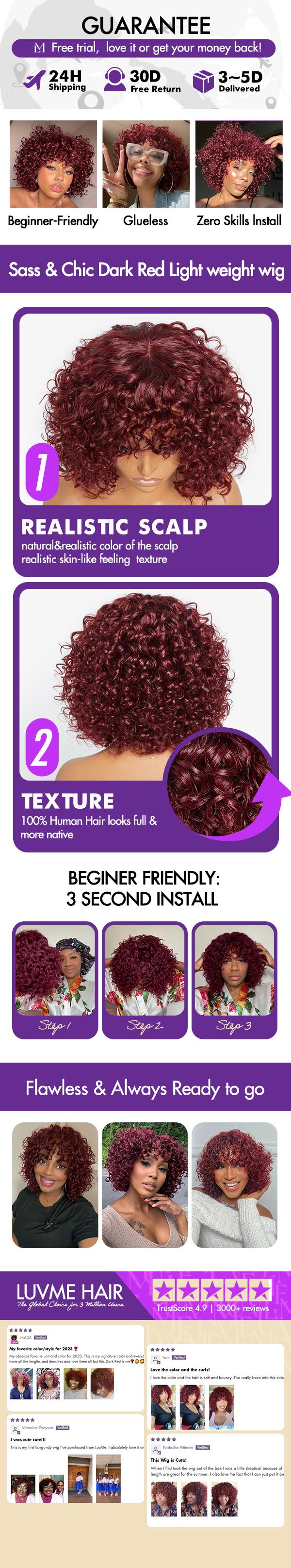 Luvme TikTok Shop|Beginner Friendly Dark Red Water Wave Glueless Minimalist Lace Wig With Bangs