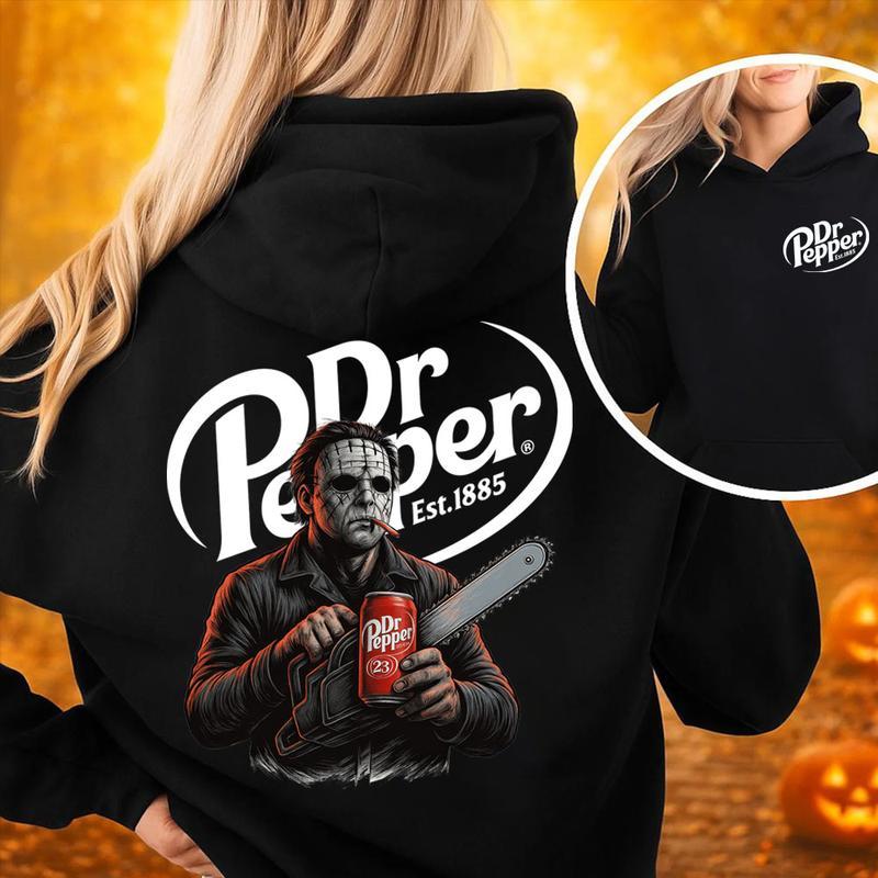 Spooky Dr Pepper Horror Halloween Double Sided Unisex Hoodie ,Dr Pepper Halloween Hoodie - Casual Top with Graphic Design, Available in Various Colors - Menswear, Tops Unisex Womenswear Cotton Fabric