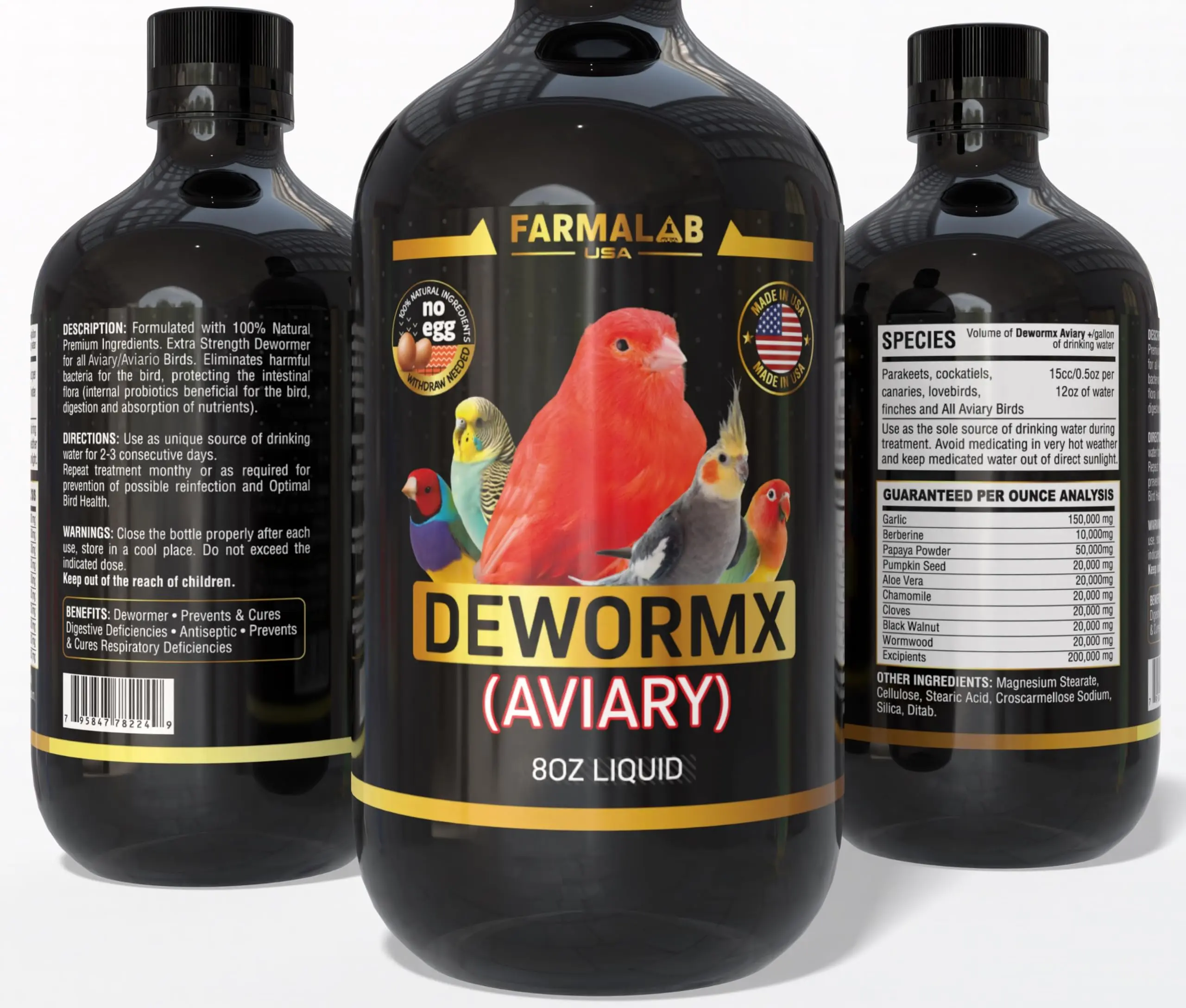 Farmalab DEWORMX Extra Strength Water-Based Liquid Bird Healthcare Supplement with Premium Ingredients, 2oz & 8oz Sizes, for Small Caged Birds (Budgies, Parakeets, Finches, Lovebirds)
