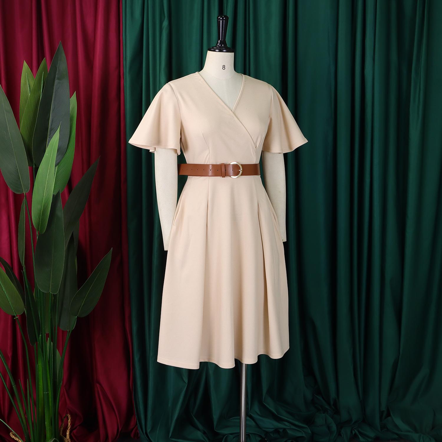 3333 Emerald Green Wrap V-Neck Midi Dress for Women - Short Flare Sleeve, A-Line Silhouette with Brown Belt| Elegant Versatile Dress for Work, Brunch, Date & Formal Occasions 3333 Emerald Green Wrap V-Neck Midi Dress for Women - Short Flare Sleeve, A-Line Silhouette with Brown Belt| Elegant Versatile Dress for Work, Brunch, Date & Formal Occasions