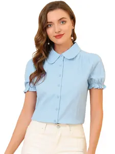 INSPIRE CHIC Cotton Frilled Top Turndown Collar Solid Blouse Shirt