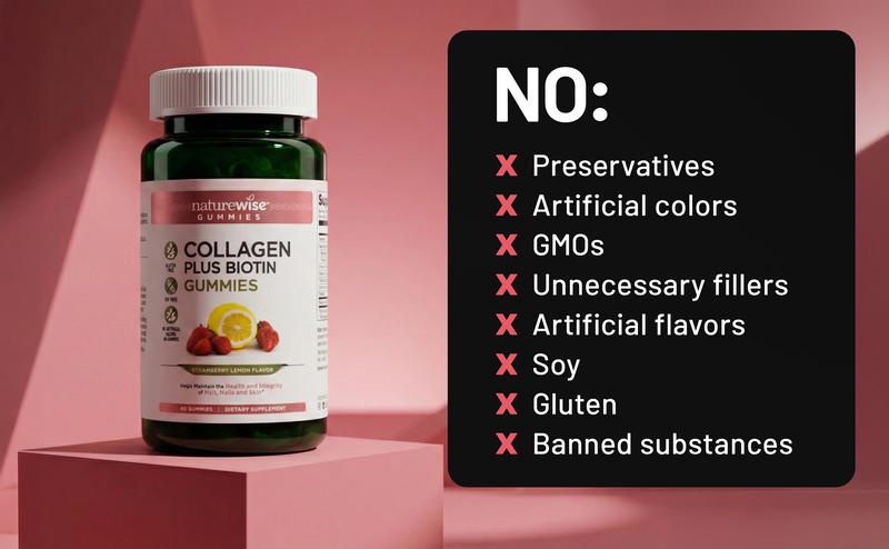 NatureWise Collagen Gummies - Clean, Gluten Free, Non-GMO Collagen Gummies in Strawberry Lemon Flavor for Hair, Skin & Nails - USA Manufactured