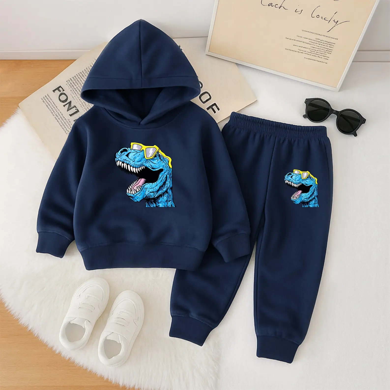 2-Piece Boys' Tracksuit Set, Fitted Fleece-Lined Long Sleeve Hoodie with Dinosaur Print and Tapered Joggers, Tracksuit Matching Set, Animal Print, Tapered Cut, Thick Fleece, All Over Print Boys' Sets