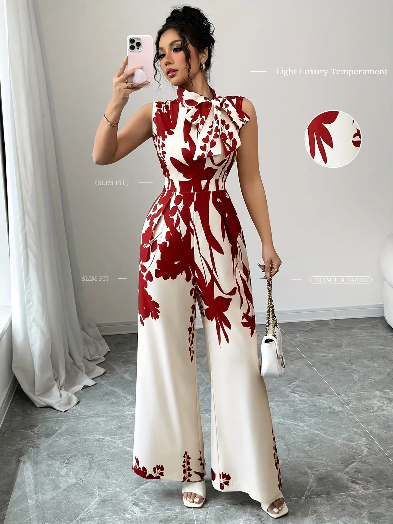 Ladies' Chic Elegant Jumpsuit with Stand-Up Bow Details, Women, Sleeveless Wide-Leg Jumpsuit, Cinched Waist, Chinese Style Floral Printed Design, Spring & Summer Outfits, Suitable for Dating, Commuting, Vacation and Formal Occasions, Bow Decor Jumpsuit