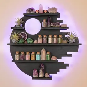 FNYDOX Wooden Moon Shelf with LED Lights, Crystal Wall Shelf for Rock Gem Stone Display Witchy Trinkets Holder Boho Wall Decor Floating Shelves for Nail Polish & Essential Oil