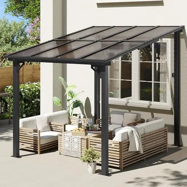 Aoxun Wall-Mounted Gazebo Pergola (8x10'/5x8'/10x12') - Gazebo Outdoor Patio, Outdoor Shade Canopy, 55lbs per sq ft Load-Bearing, Waterproof LED Hanging Lights, Durable Polycarbonate Material, Ships in Multiple Packages