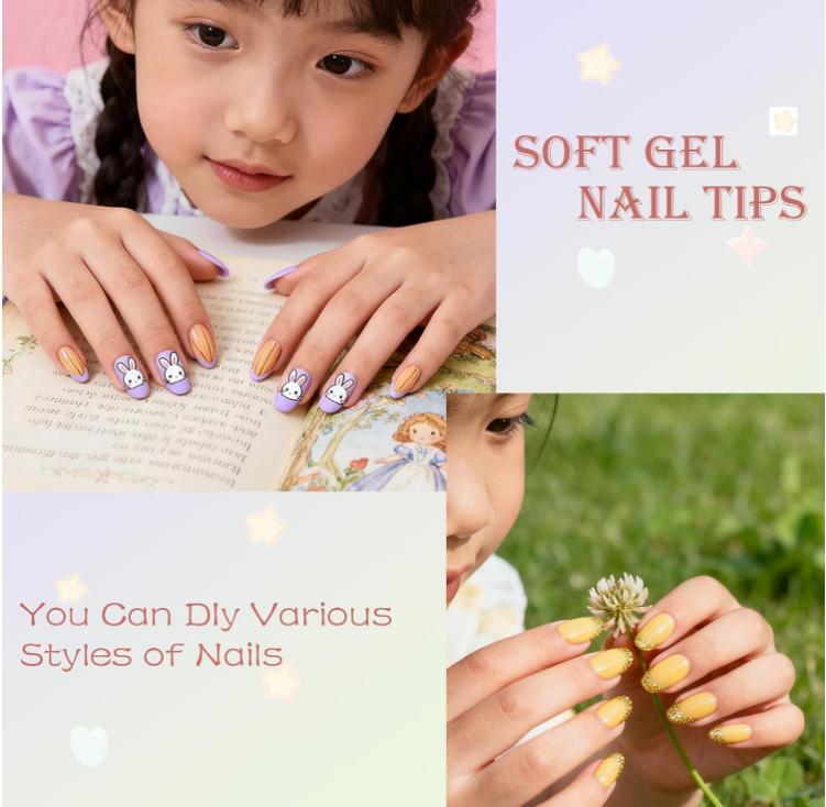 Extra Short Almond Kid Nail Tips,360Pcs Soft Gel Nail Tips Pre-Shaped Press On Nails For Kids,Clear Acrylic Half Matte Full Cover Fake Nail For Kids DIY Extension & Salon Use12 Sizes