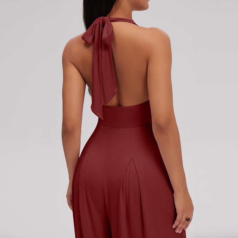 OQQ Women's Ribbed Backless One-Piece Jumpsuits - Wide Leg Sleeveless Deep V-Neck Casual Fashion Sporty Aesthetic Chic Everyday Outfit