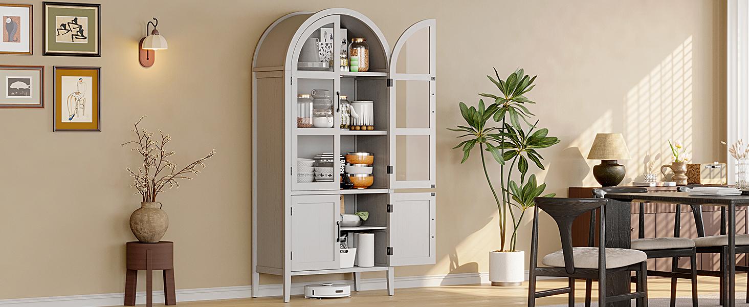 【SPRING GLOW UP】ONBRILL 71''Tall Arched Storage Display Cabinet, 5-Tier Kitchen Pantry With Glass Doors & Shelves 【SPRING GLOW UP】ONBRILL 71''Tall Arched Storage Display Cabinet, 5-Tier Kitchen Pantry With Glass Doors & Shelves