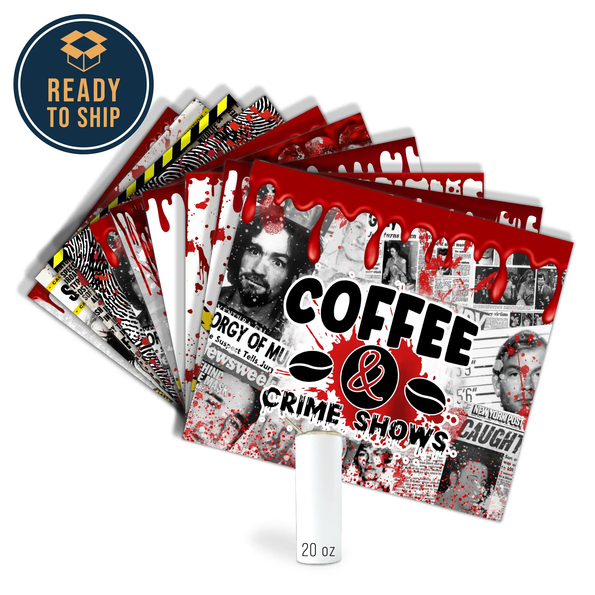 Assorted Ready to Press Sublimation Prints for 20oz Straight Skinny Tumblers (10 Pack) - True Crime
