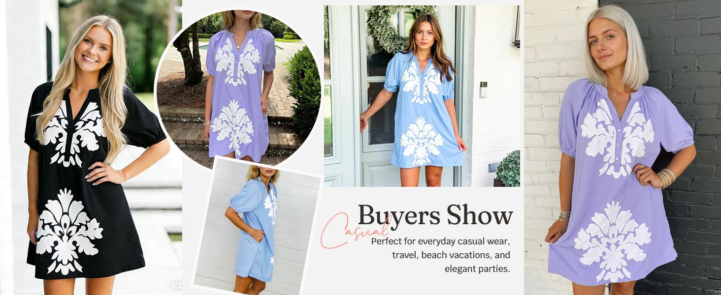 Wenrine Women's Puff Short Sleeve Mini Dress Summer Floral Print Button V Neck Loose Casual Shift Dresses with Pockets