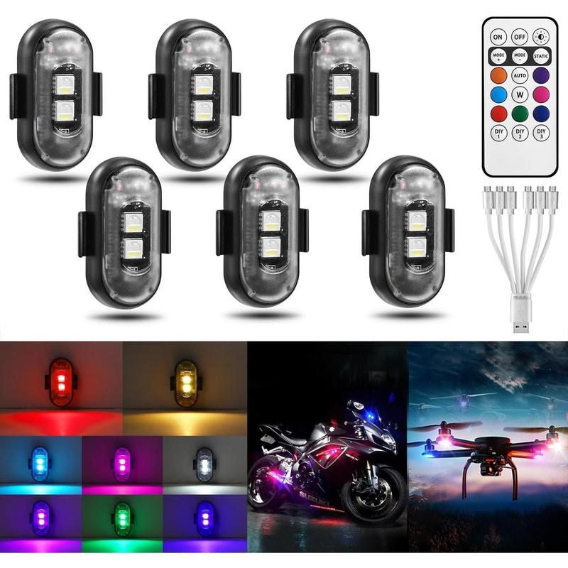 6PCS Wireless LED Lights for Car with Remote Control, Wireless LED Strobe Lights 8 Color USB Charing IP65 Waterproof Anti-Collision Warning Light for Car Interior Truck Motorcycle Drone Aircraft Bike