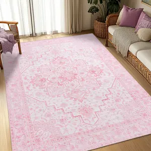 QDUIDU High-quality Bohemian Style Pink Pattern Indoor Outdoor Large Area Rug, 9x12ft, Non Slip Washable, Soft Durable Carpet, For Living Room Bedroom Kitchen, Backyard Patio Porch, High Traffic, Pet-Friendly, Non-Shedding, Easy Clean, Vintage Inspried