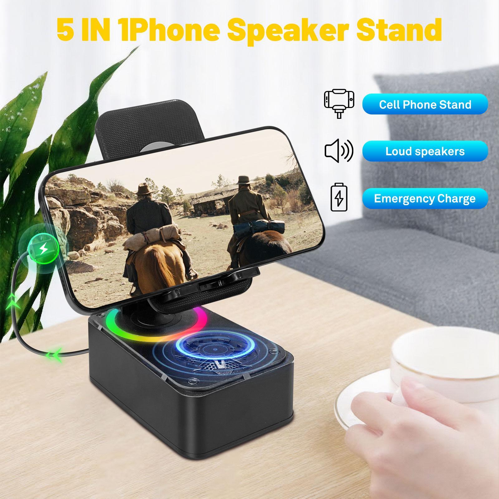 AKLLCCR Wireless Bluetooth Speaker, 3in1 Cellphone Holder, with USB Emergency Rechargeable (1200mAh), LED Nightlight, 360° Foldable for Phone/Pad, For Home, Car, Outdoor, Gifts for Friend, Family