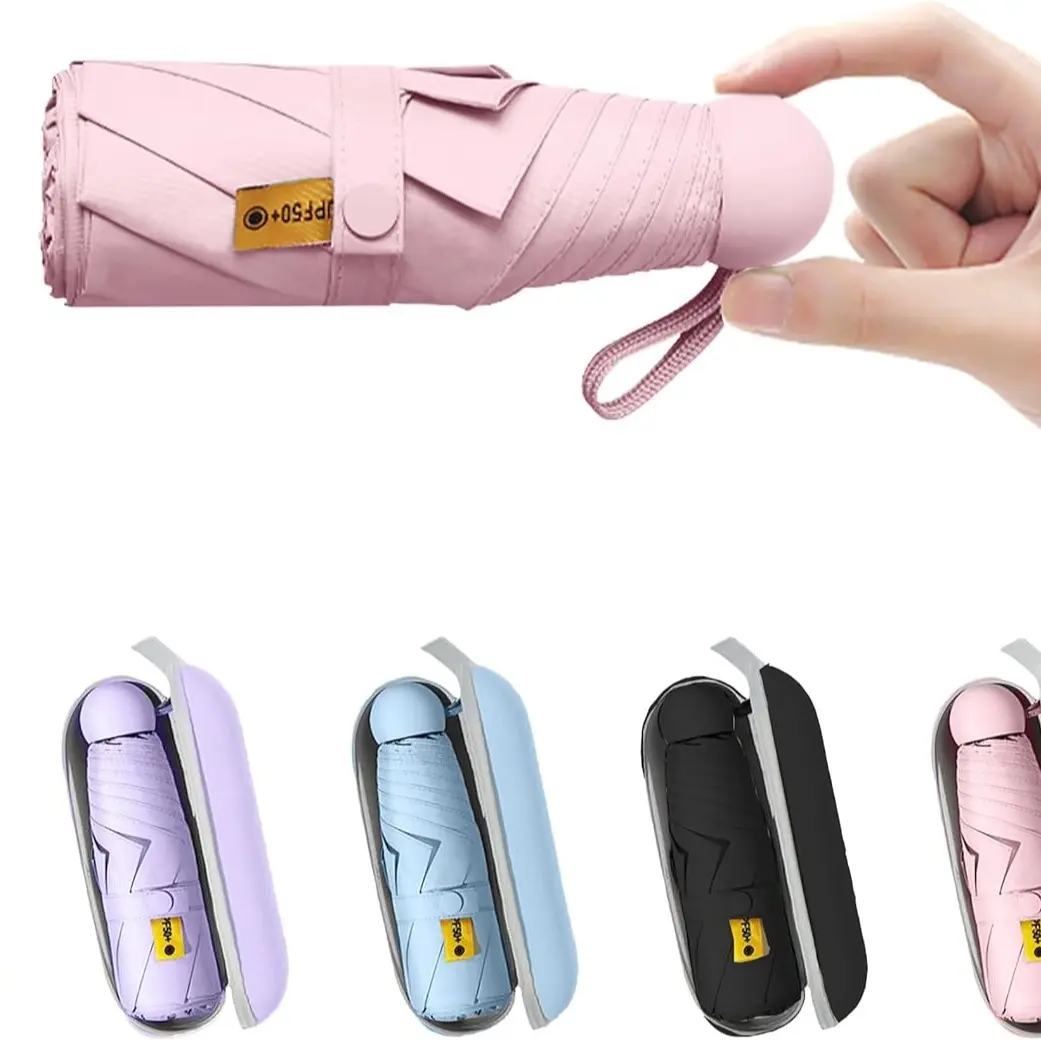 Folding Mini Umbrella for Purse with Case - Compact, Lightweight UV Sun Protection, Manual Open/Close, 6-Rib Light Breeze Friendly, Airplane Travel Accessories, Mini Travel Products (Pink), Windproof