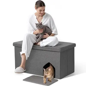 PAWGIANT Cat Litter Box, Enclosure Hidden Furniture, Foldable Cat Washroom Bench with Storage Space, Large Cabinet Cats Litter Ottoman for Odor Control, Dog Poof, Grey