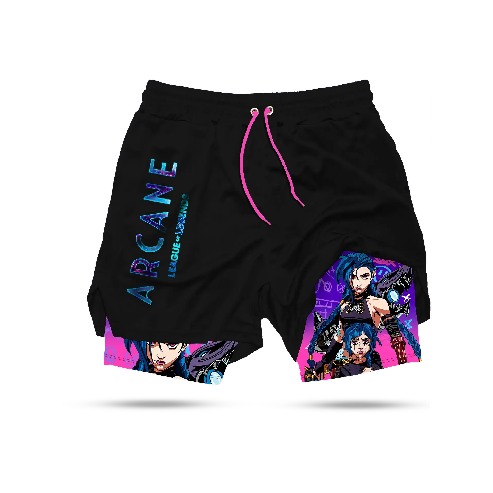 Jinx Arcane Men's 2 in 1 Anime Graphic Gym Shorts Quick Dry Drawstring Mesh Athletic Running Shorts with Liner