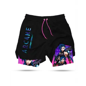 Jinx Arcane Men's 2 in 1 Anime Graphic Gym Shorts Quick Dry Drawstring Mesh Athletic Running Shorts with Liner