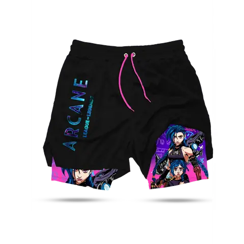 Jinx Arcane Men's Universal 2-in-1 All Over Print Outdoor Workout Shorts, Quick-Dry Elastic Drawstring Mesh Inner Gym/Outdoor Shorts with Liner for Less Rub & Colorful Graphic