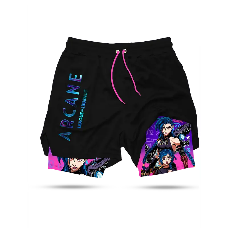 Jinx Arcane Men's Universal 2-in-1 All Over Print Outdoor Workout Shorts, Quick-Dry Elastic Drawstring Mesh Inner Gym/Outdoor Shorts with Liner for Less Rub & Colorful Graphic