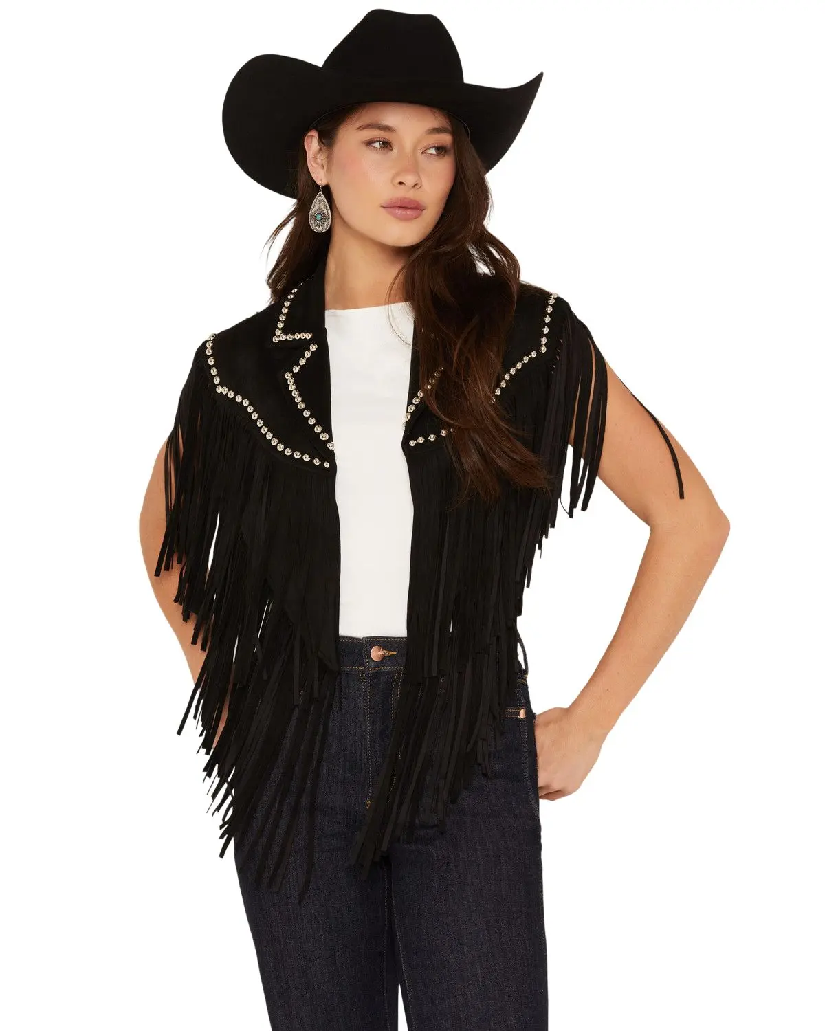 Saints Women's And Hearts Women'S Faux Suede Studded Fringe Capelet - Sij5338a-Blk