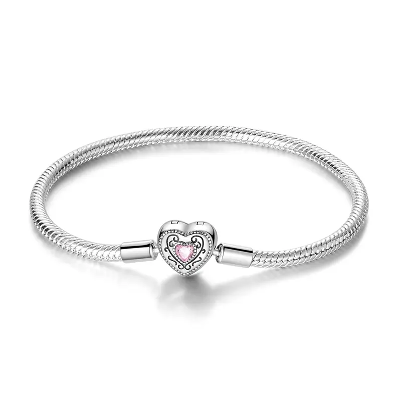 925 Silver-plated Heart Clasp Bracelet, Snake Chain Pink CZ Heart Bracelet, Perfect Gift for Her
