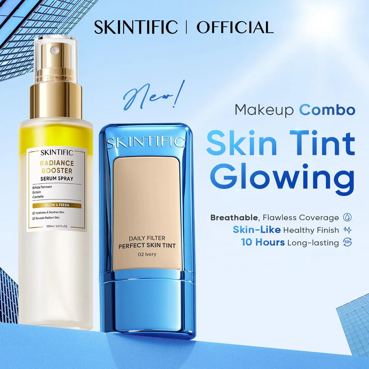 [New Launch] SKINTIFIC Daily Makeup Combo 2PCS - Radiance Booster Serum Spray + Daily Filter Perfect Skin Tint - Tinted Moisturizer Locks in Flawless Look Breathable Finish Lasts All Day