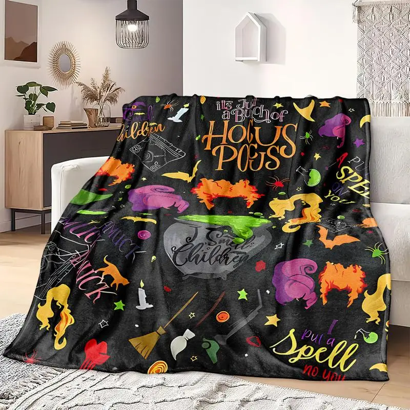 Women's Soft Texture Flannel Fabric Witch Throw Blanket - Festive Halloween Blanket with Colorful Witch Motif, Cozy Setup Room Decor Accessory for Living Room Sofa Bed, Female