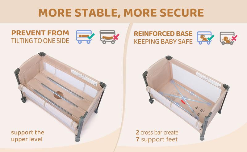 JOYMOR Twin Bassinet for Baby, Bedside Bassinet, Convertible to Bedside Sleeper & Playpen Foldable Portable Sleeping Cot with Wheels & Brake