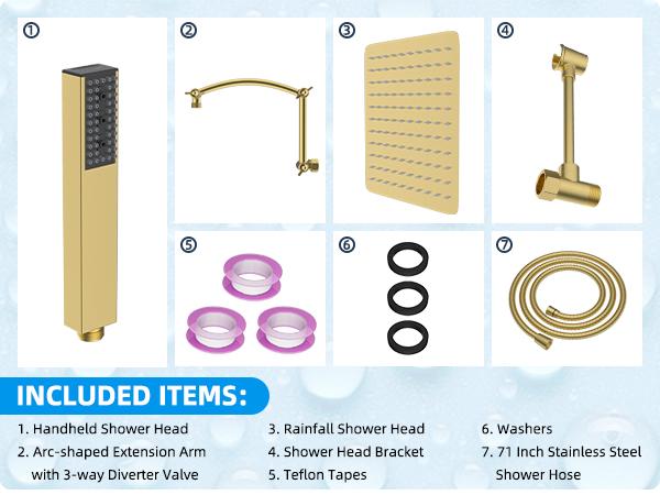 Hibbent All Metal 10'' Rainfall Shower Head, Shower Head Combo, High Pressure Handheld Shower Wand, 4 Sprays, 16'' Adjustable Arc-shaped Extension Arm, 71'' Hose, Showerhead Holder, Brushed Gold