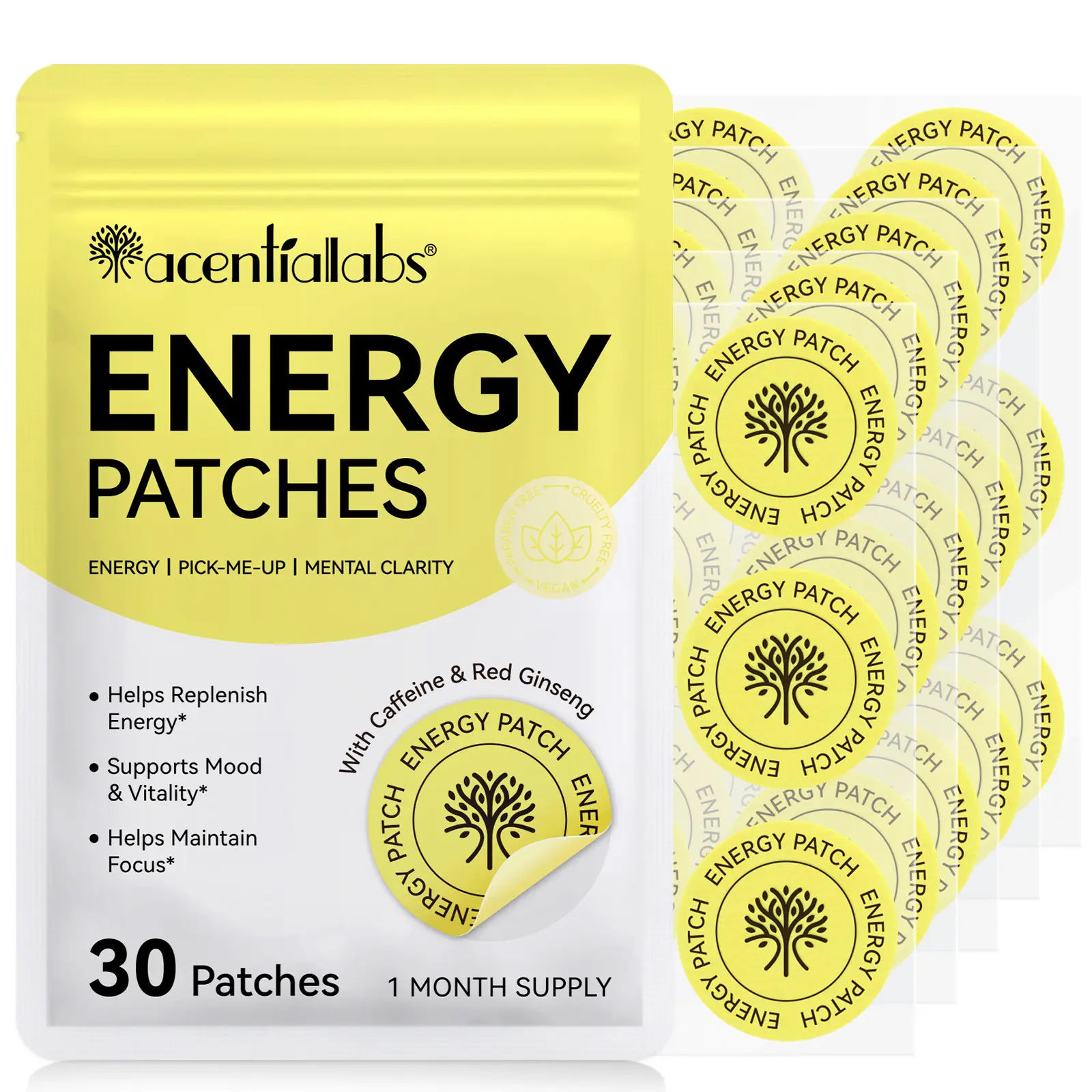 【NEW】Acentiallabs Daily Energy Transdermal Patches (30 Count) - Vegan Certified, Cruelty-Free Healthcare Supplement with Caffeine, Red Ginseng + B12, Smooth Application, All-Day Focus & Natural Energy, Portable, Easy-to-Use, No Morning Spike, All-Day Ener