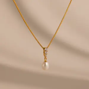 Diamond Pearl Droplet Necklace by Caitlyn Minimalist - Dainty Pearl Pendant Necklace with Box Chain - Statement Bridal Jewelry - Gift for Her