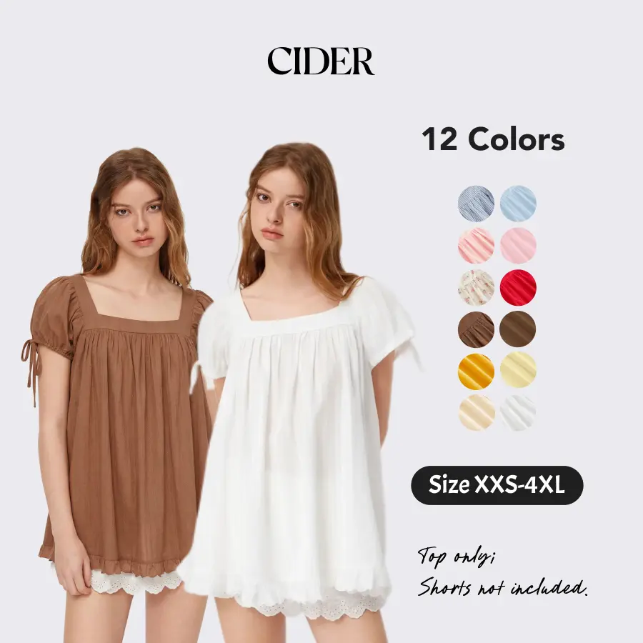 Cider Square Neck Solid Ruffle Knotted Short Sleeve Blouse - Casual Womenswear Summer Top with Puff Sleeves and Fitted Fit Shirts SohoChic