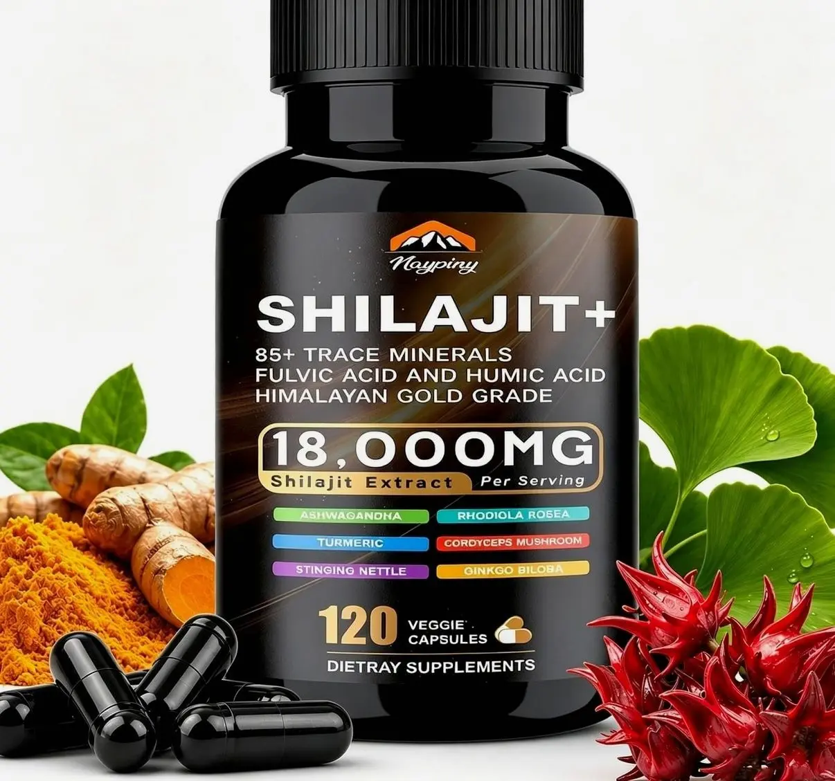 Shilajit Capsules, Himalayan Organic Shilajit for Men and Women, with Ashwagandha Ginseng, Fulvic Acid and More Trace Minerals - 120 Capsules