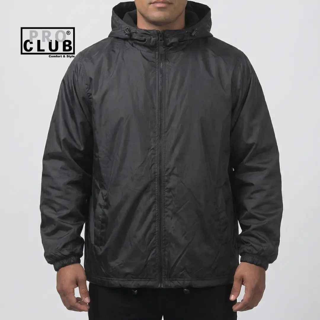 Pro Club Men's Brand Clothing Casual Windbreaker Jacket - Fleece-Lined Polyester Shell, Water-Repellent Rain Coat with Adjustable Hood, Elastic Hem, and Zip Closure