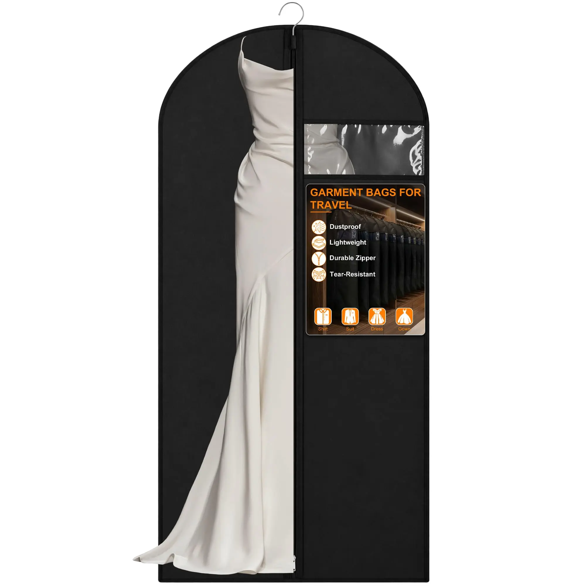 55"  Black Garment Bag for Travel & Closet Storage, Dustproof Suit & Dress Bag with Clear Window, Reinforced Zipper for Hanging Clothes