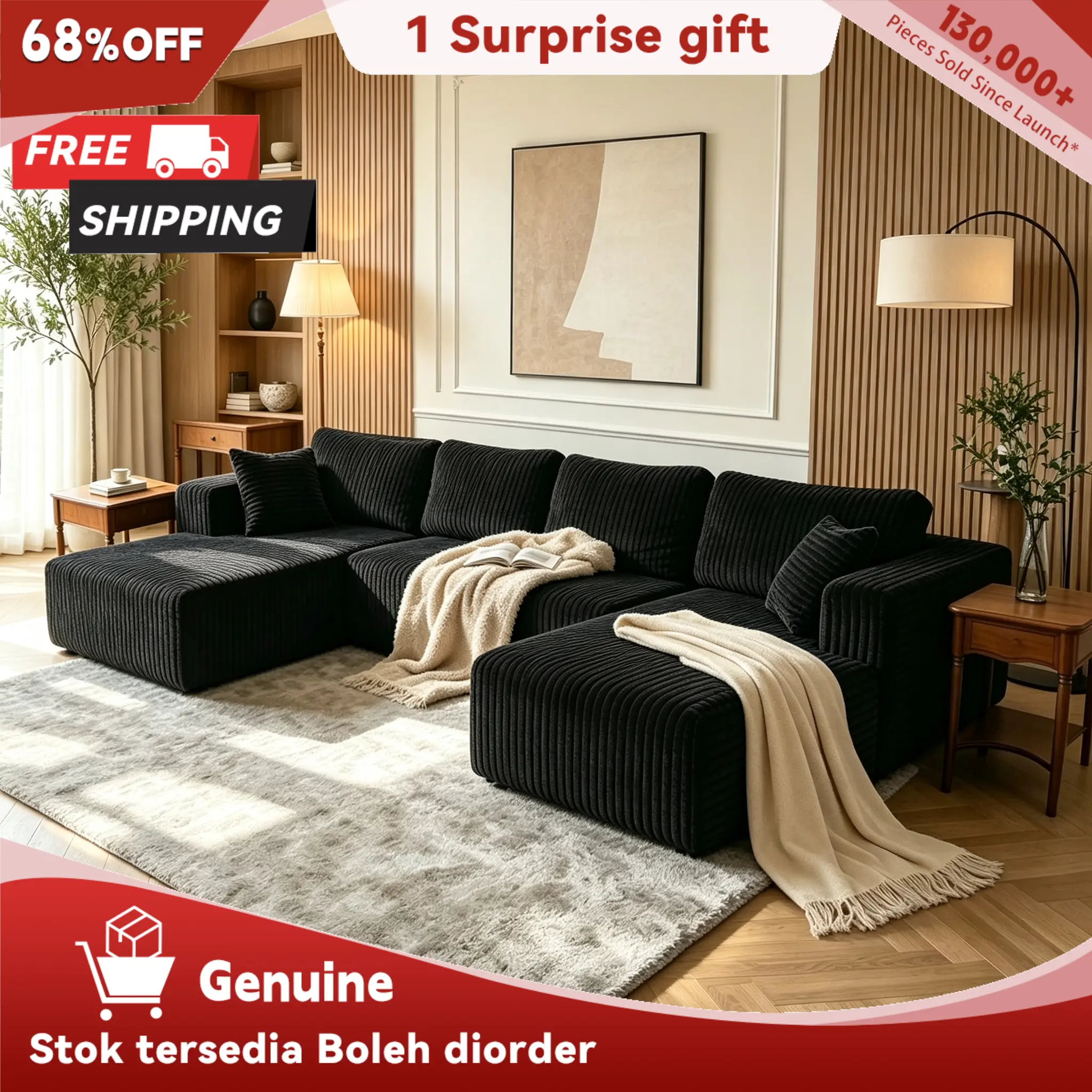 [2-3Packages] Niccae 132-Inch U-Shaped Memory Foam Sectional Sofa — An oversized modular design offering "cloud-like" comfort; features deep seating and compressed corduroy fabric, combining space-saving capabilities with a convertible sleeper function.
