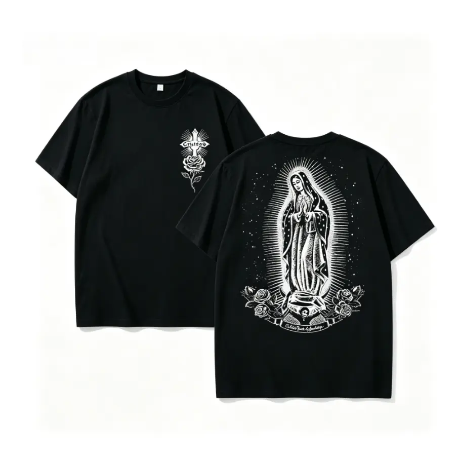 Men's White Oversized Short Sleeve T-Shirt, Front Cross Rose & Back Virgen De Guadalupe Full Graphic Direct-to-Garment DTG Print Chicano Streetwear Heavy Cotton Tee