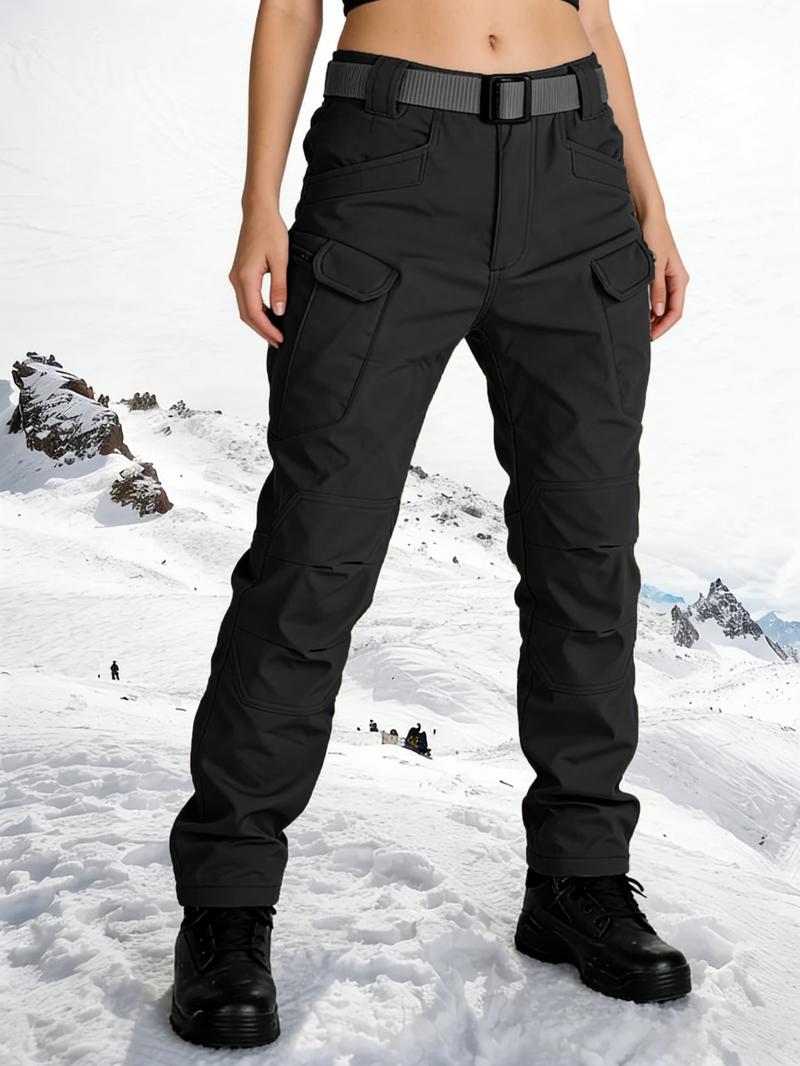 HOMUG Women's Windproof & Thermal Outdoor Tactical Pants - Fleece Lined, Solid Color, Mid Waist, 320g Knitted Fabric (Beltless, Multi-pocket, Regular Fit) | Autumn Winter Casual Sports Pants