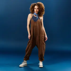 Women's Tank Romper - Washed Cocoa Brown Mini Check Women's Tank Romper - Washed Cocoa Brown Mini Check